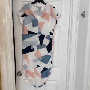 Geometric Patterned Dress in Blue, Pink, and White